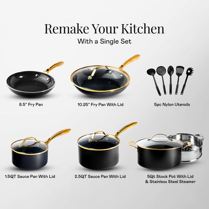 Gotham Steel 15 Pc Ceramic Cookware Set Nonstick, Ceramic Pots and Pans Set Non Stick with Steamer & Cooking Utensils, Non Toxic PFOA PFOS Free, Premium Stay Cool Handles, Oven & Dishwasher Safe