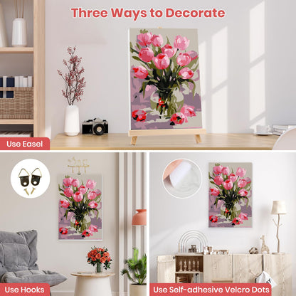 MXJSUA Pink Tulips Framed Paint by Numbers Kit for Adults Beginner with Wooden Easel, Adults' Paint-by-Numbers on Canvas, Easy DIY Acrylic Number Painting for Home Decor Gifts, 8x12 inch