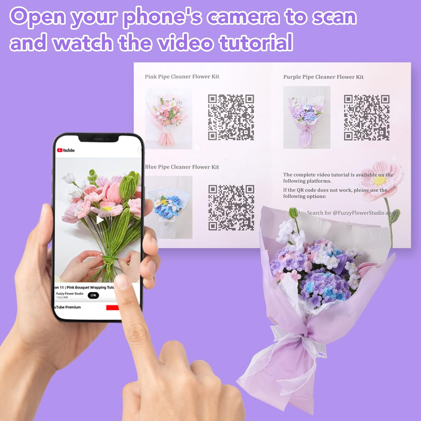 WSICSE 500Pcs Purple Pipe Cleaner Flower Kit, Pipe Cleaners Bulk Chenille Stems with Floral Wires, Gardening Tape,Stamen& Ribbon, Wrapping Paper (5 Colors)