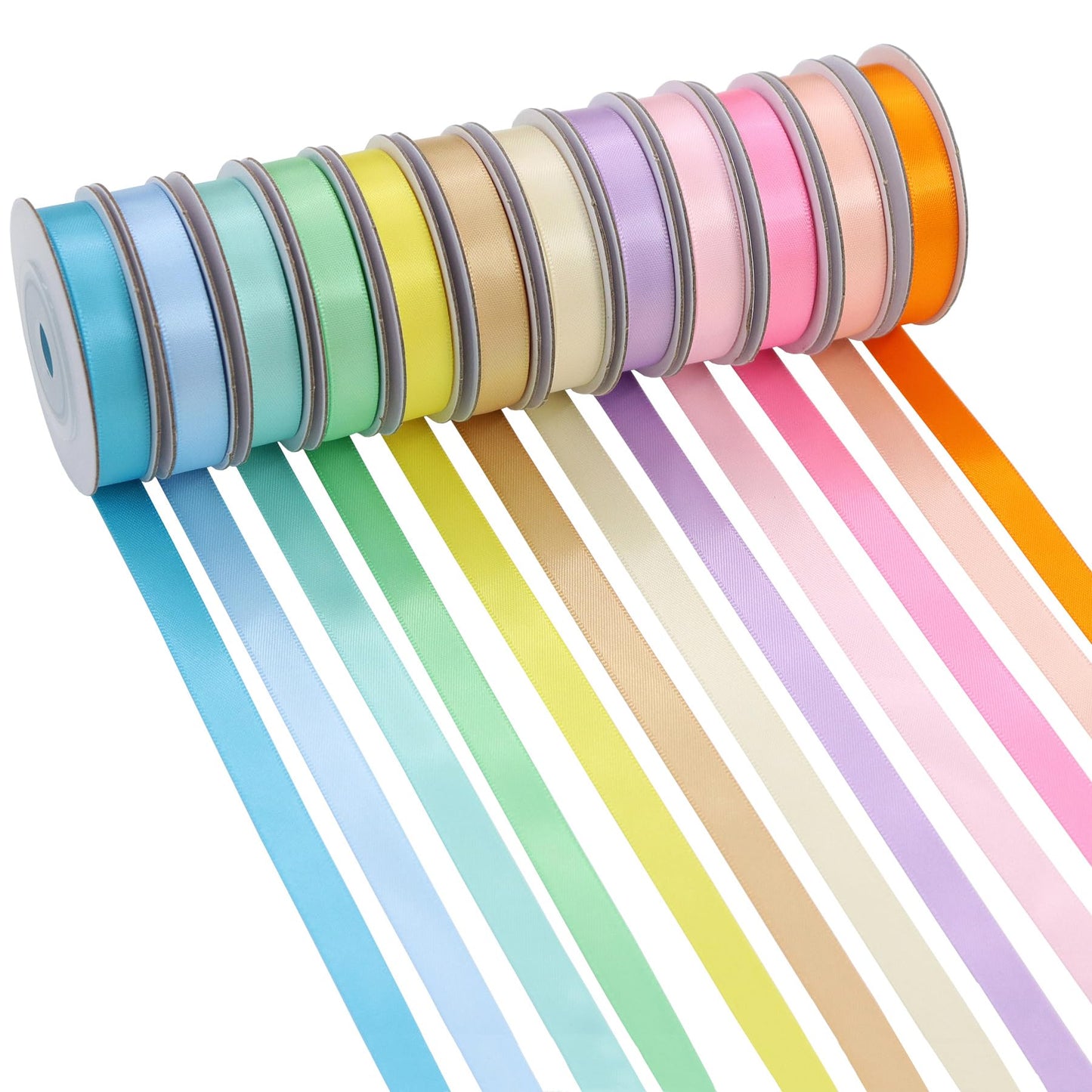 YERELO 12 Rolls Pastel Rainbow Ribbon 3/8" X 60 Yards Thin Double Face Satin Ribbon Assortment for Crafts, Wreath, Gift Wrapping, Birthday Baby Shower Party Decoration and DIY Handmade Hair Bows