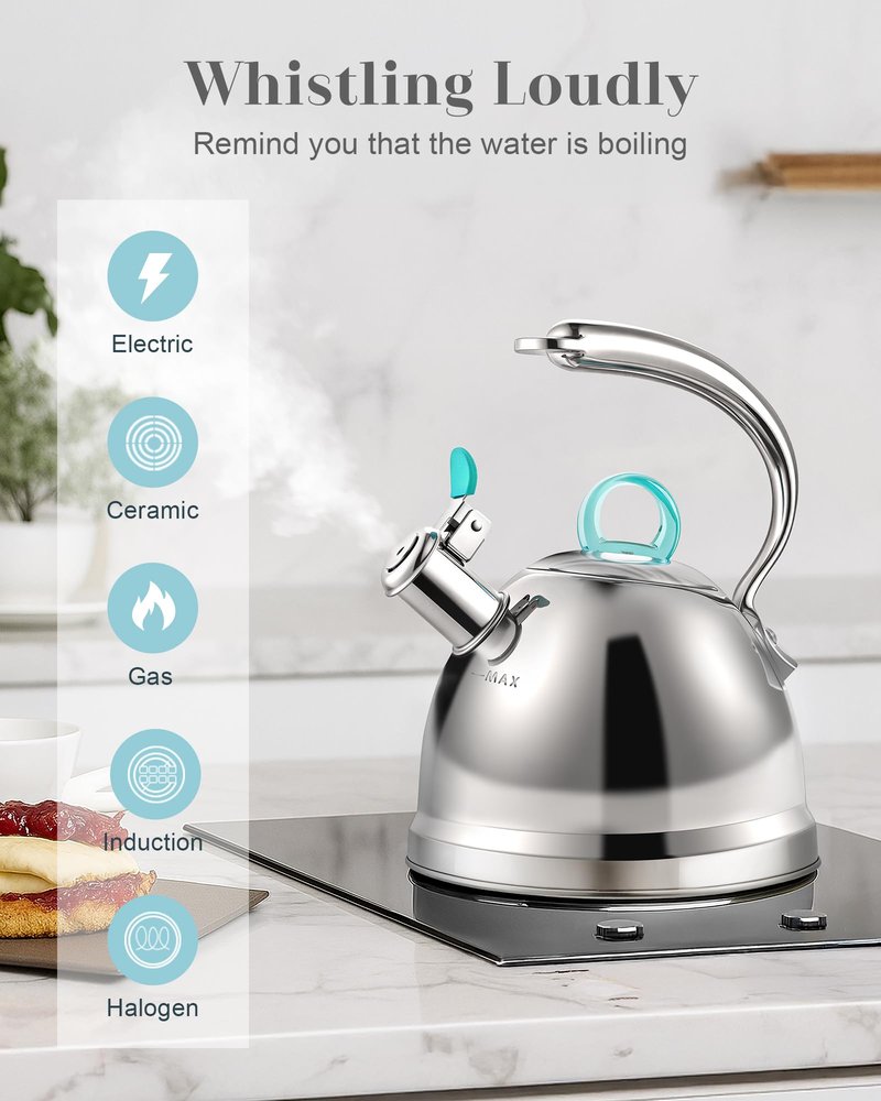 Harriet Tea Kettle Stovetop, 2.5 Quart Whistling Stainless Steel Tea Pot, 3-Layer Base, Unique Ergonomic Handle, Includes Pot Holder & Mat, Electric/Induction/Gas Stovetops Applicable, Mirror Finish