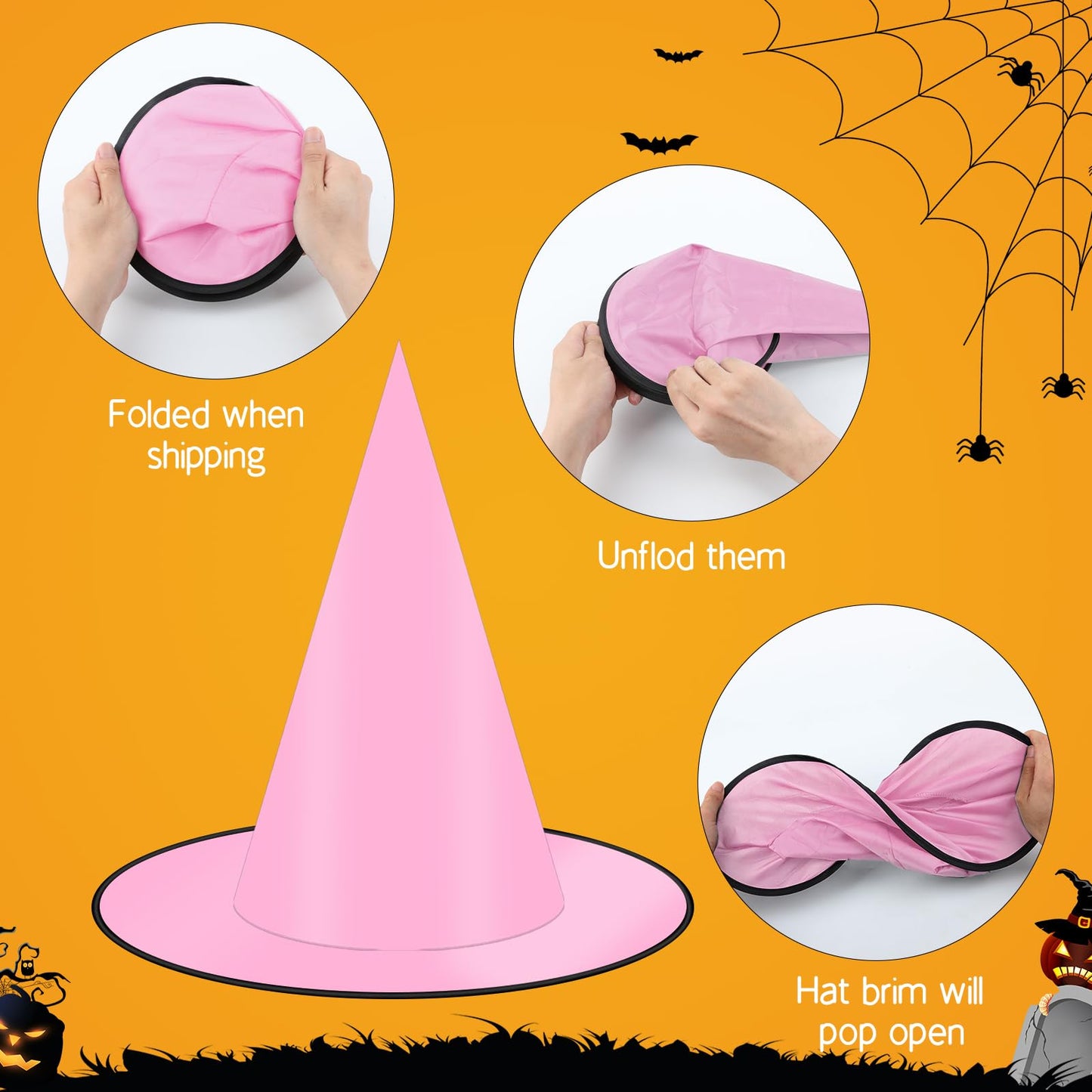 Coneatness 12 PCS Witch Hats with Hanging Rope, 16 PCS 3D Bats Stickers for Halloween Indoor Outdoor Yard Decor, Pink Party Decorations, Wizard Costume for Women