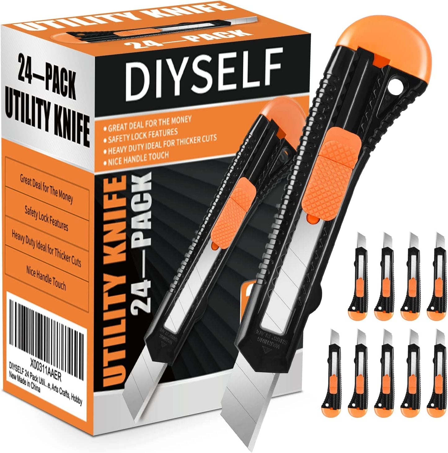 DIYSELF Box Cutter, 24 Pack Box Cutters Retractable Razor Blades Utility Knife Opener Safety Snap off Knives for Warehouse Pen Hobby Modeling Pencil Exacto Knife