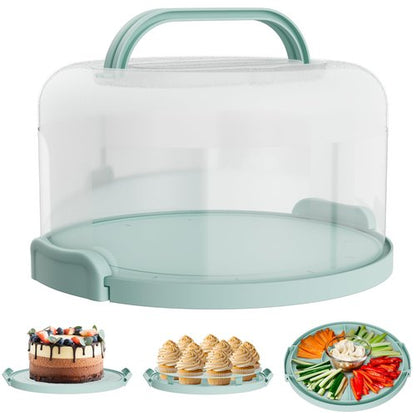 Cake Carrier with lid and Handle - Multipurpose Cake Stand with Lid for 10” Cake, Pie, Cupcakes - Cake Holder & Lid, Plastic Cake Container, Round Cake Cover for Transport & Storage (Seafoam Green)