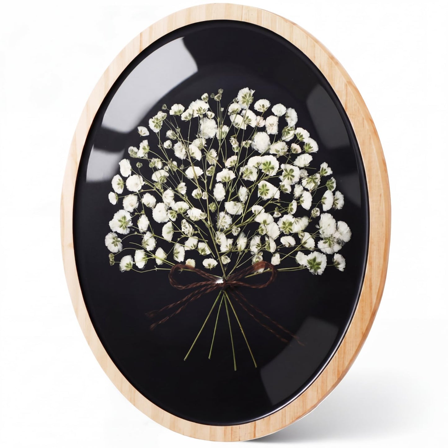Kathfly 8x10 Inch Wooden Pressed Flower Wall Decor Resin Natural Baby's Breath Wall Art Framed Dried Flower Artwork with Bow Boho Floral Hanging Decor for Bedroom Living Room Gallery Office
