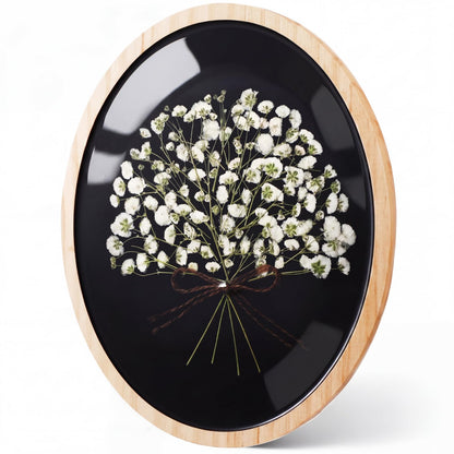 Kathfly 8x10 Inch Wooden Pressed Flower Wall Decor Resin Natural Baby's Breath Wall Art Framed Dried Flower Artwork with Bow Boho Floral Hanging Decor for Bedroom Living Room Gallery Office