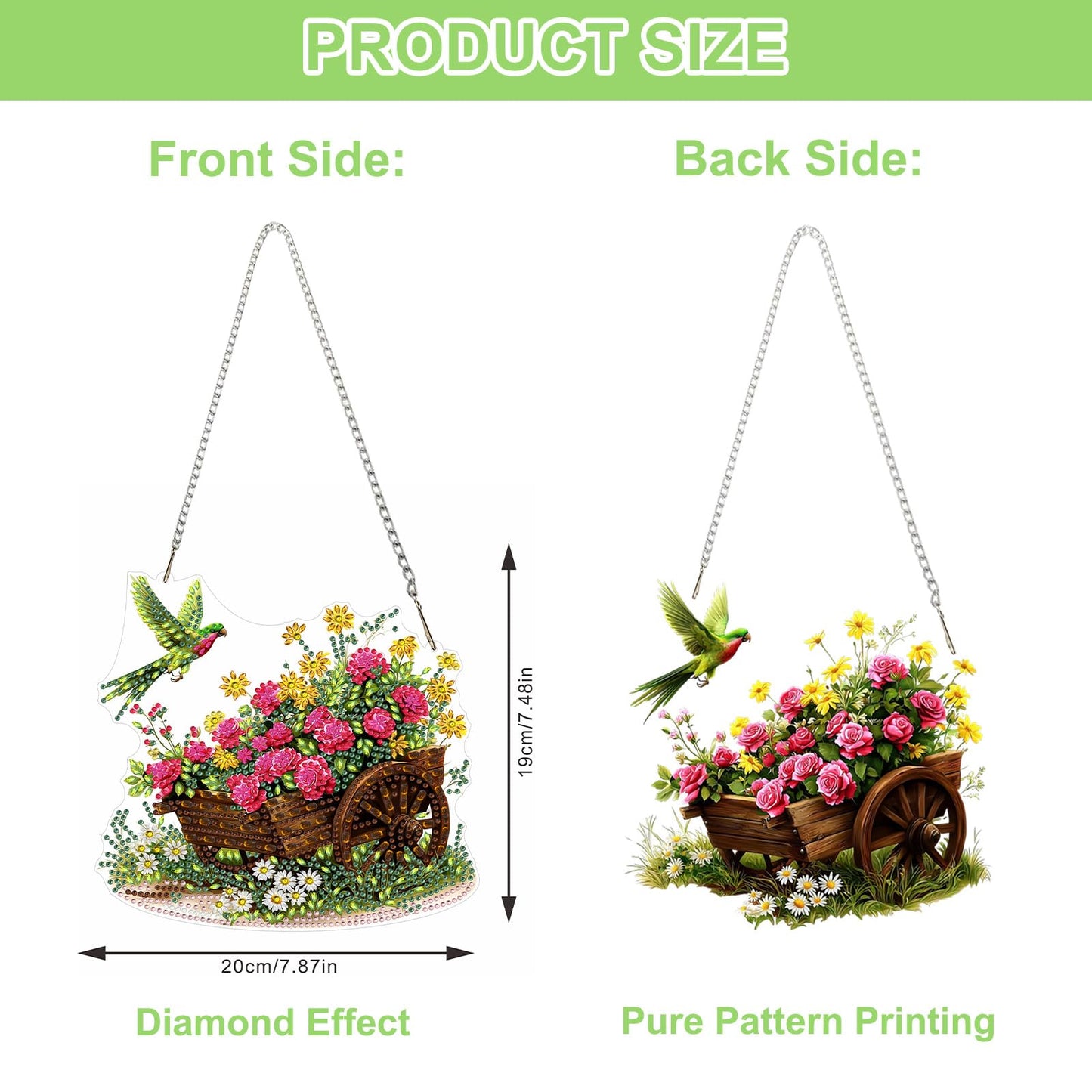 QENSPE Diamond Painting Art Hanging Kits for Adults, 5D Bluebird Diamond Painting Ornaments with Chain, DIY Rose Carriage Crystal Window Pendants for Home Wall Decor Double Sided Gift 8X8 inch