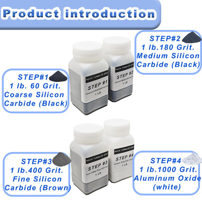 4 LB Rock Tumbler Grit and Polish Refill Kit, 4-Step Tumbling Media Coarse/Medium/Pre-Polished/Final Polish, Silicon Carbide Grit, Ideal for Any Rock Tumbler & Stone Polisher