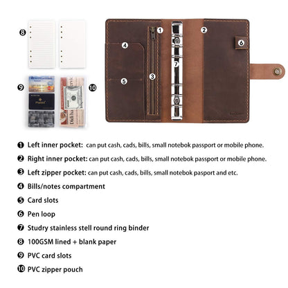 Leather Writing Journal Notebook Refillable, A6 Personal Size Traveler's Notebook with Pockets, 6 Ring Binder Planner Notebook with Pen Holder-BROWN