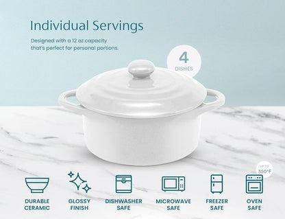 Kook Mini Cocotte Set - Small Ceramic Casserole Dishes with Lids | Oven & Microwave Safe, 12 oz, Set of 4 (Swiss White)