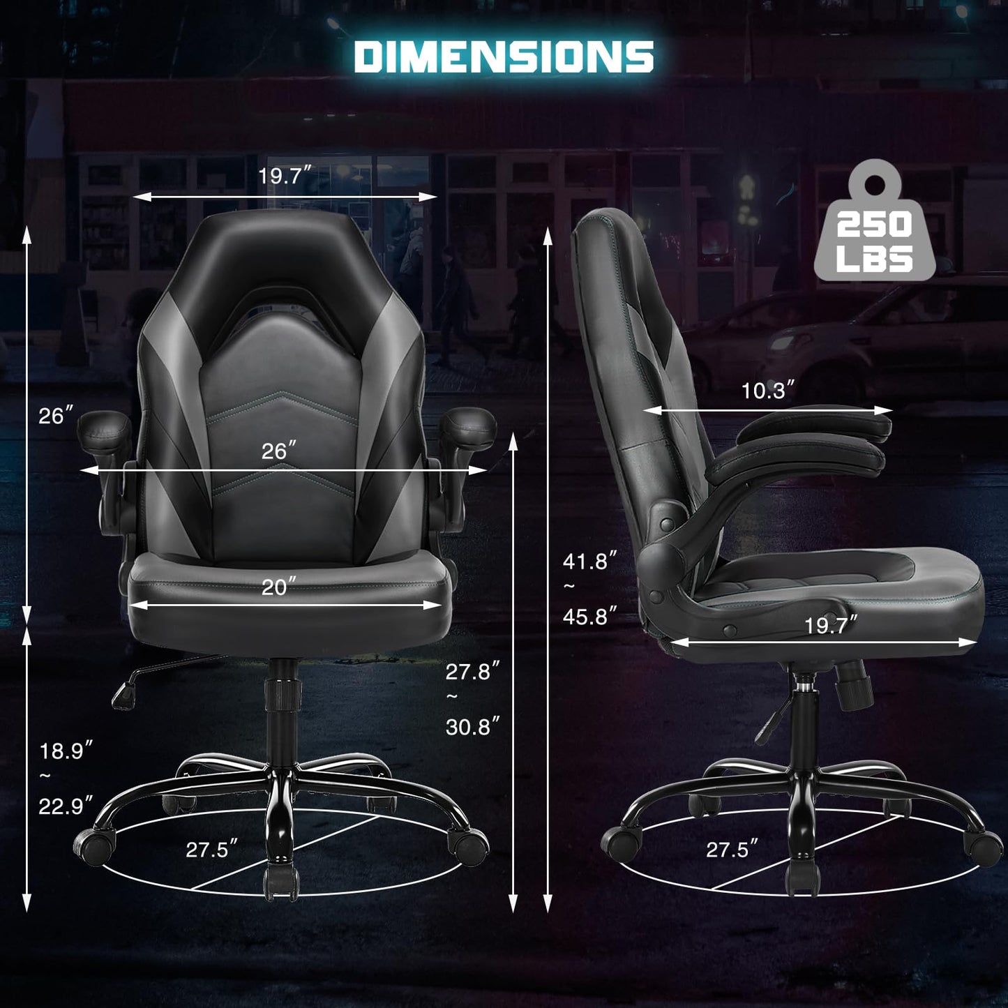 DUMOS Ergonomic Computer Gaming Chair - Home Office Desk with PU Leather Lumbar Support, Height Adjustable Big and Tall Video Game with Flip-up Armrest, Swivel Wheels for Adults and Teens