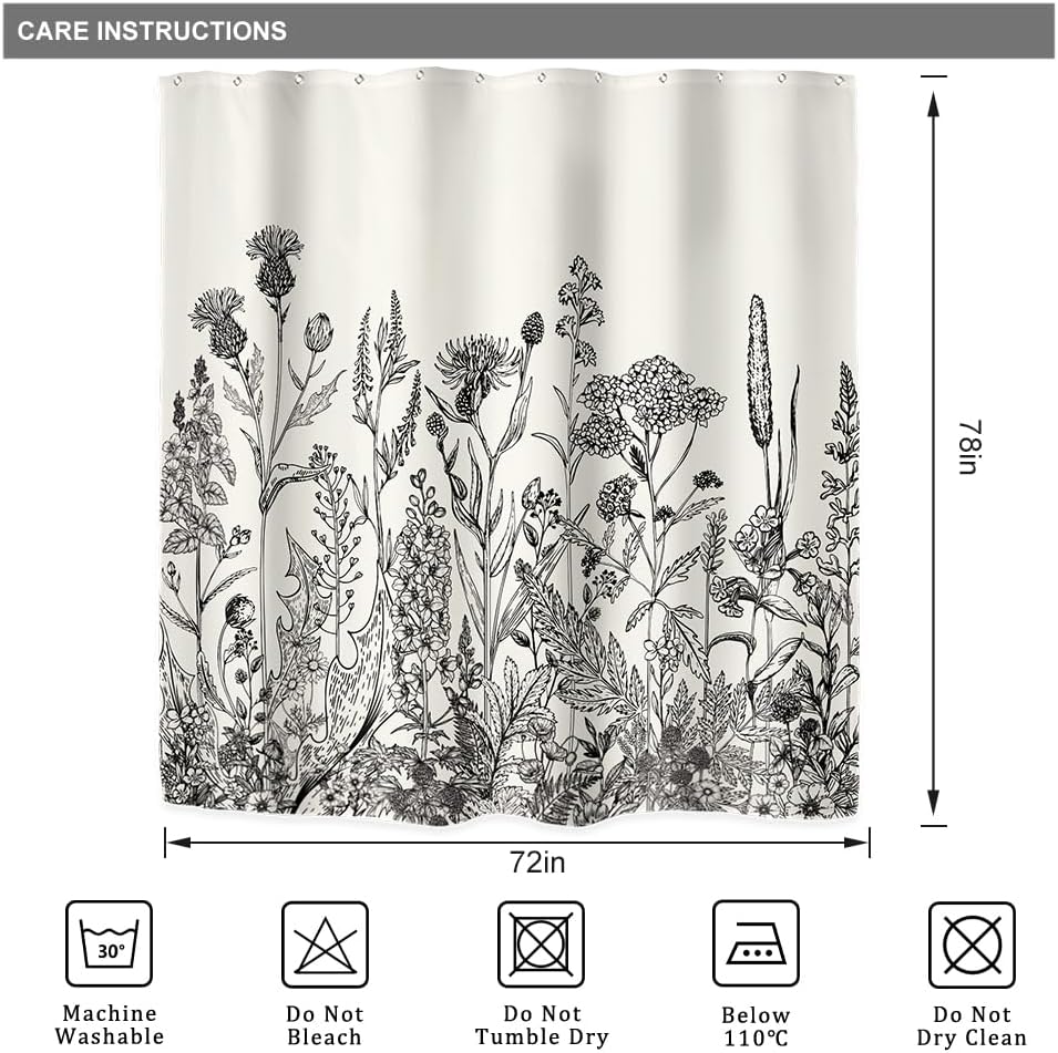 Riyidecor Wild Floral Shower Curtain 72Wx78H, Botanical Flower Plant Art Printed Fabric with Hooks
