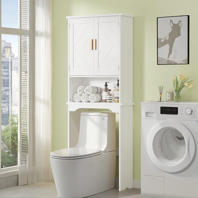 VECELO Over The Toilet Storage Cabinet, Over Toilet Bathroom Shelf with Double Doors and Anti-Tip Device, Inner Adjustable Shelf, White