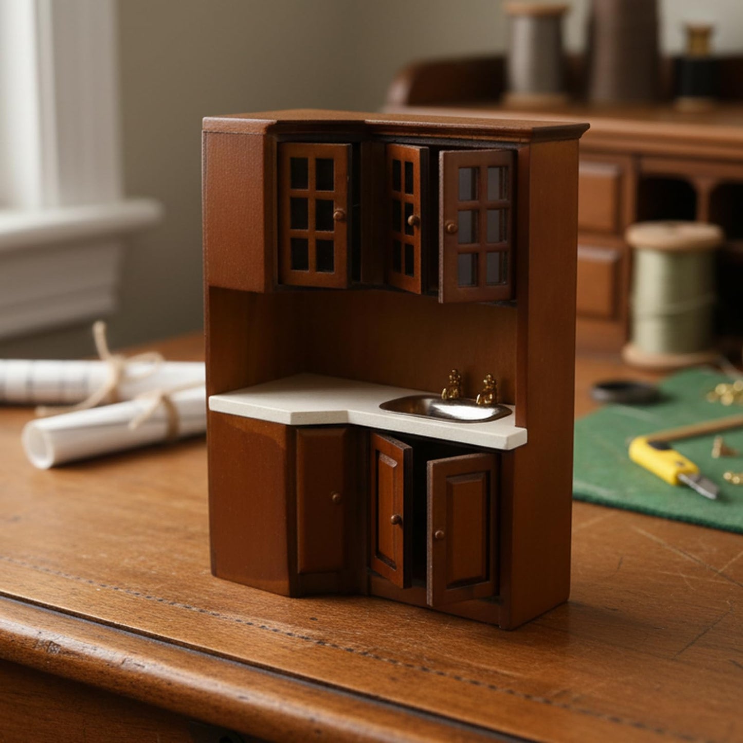 Dollhouse Kitchen Cabinets 1 12 Scale Miniature Furniture Mini House Furniture Accessories Furnishings Decoration Present for Miniature Collectors (Brown)