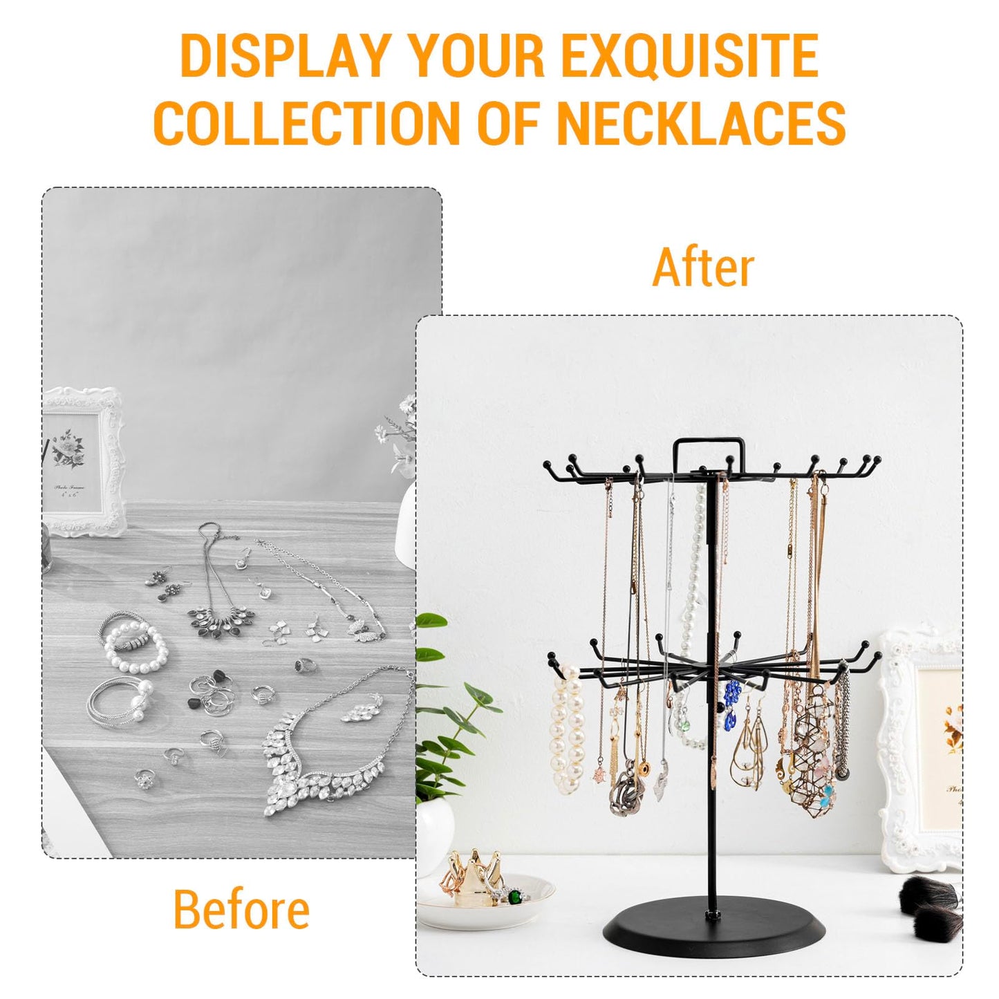 MyGift 2 Tier Black Metal Rotating Necklace tree stand for vendor & bracelet holder Jewelry Stand with 24 Hooks, Multipurpose Accessory and Keychain Spinning Display with Top Handle Card organizer