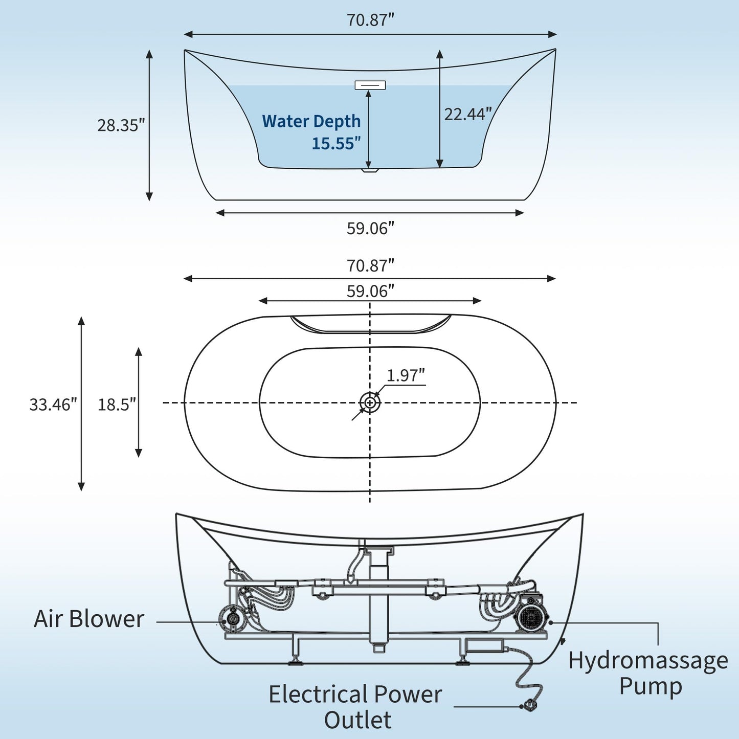 Luxury 71" Heated Whirlpool Bathtub, Smart Digital Control Acrylic Tub with Dual Air & Water Jets, Auto-Temp Heating System, Freestanding Rectangular Soaker with Complete Pump Kit, White