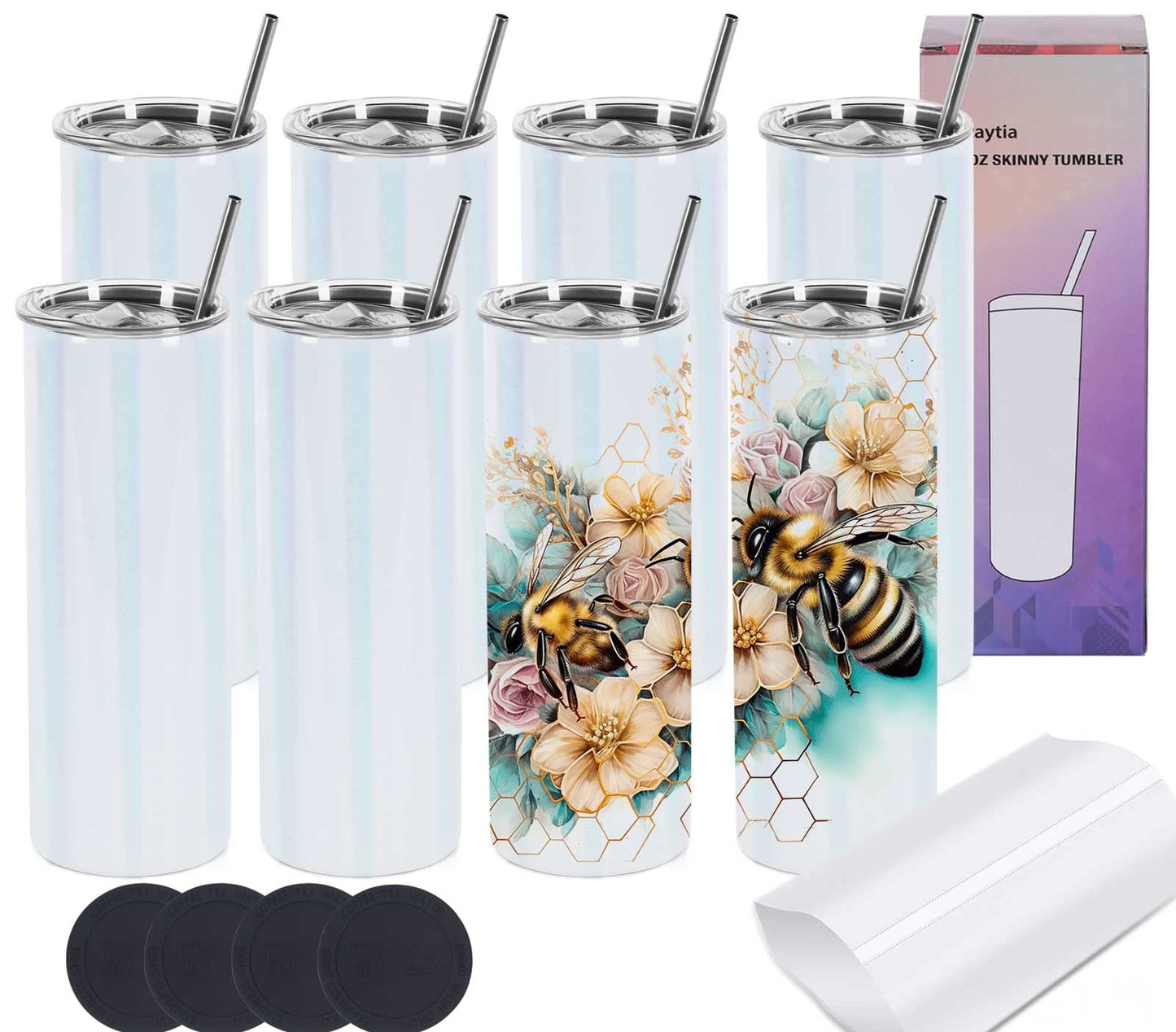 Wzaytia Glitter Sublimation Tumblers 20 Oz Skinny Straight, 8 Pack Stainless Steel Sublimation Glitter Shimmer Tumbler Blanks, Individually Boxed, White