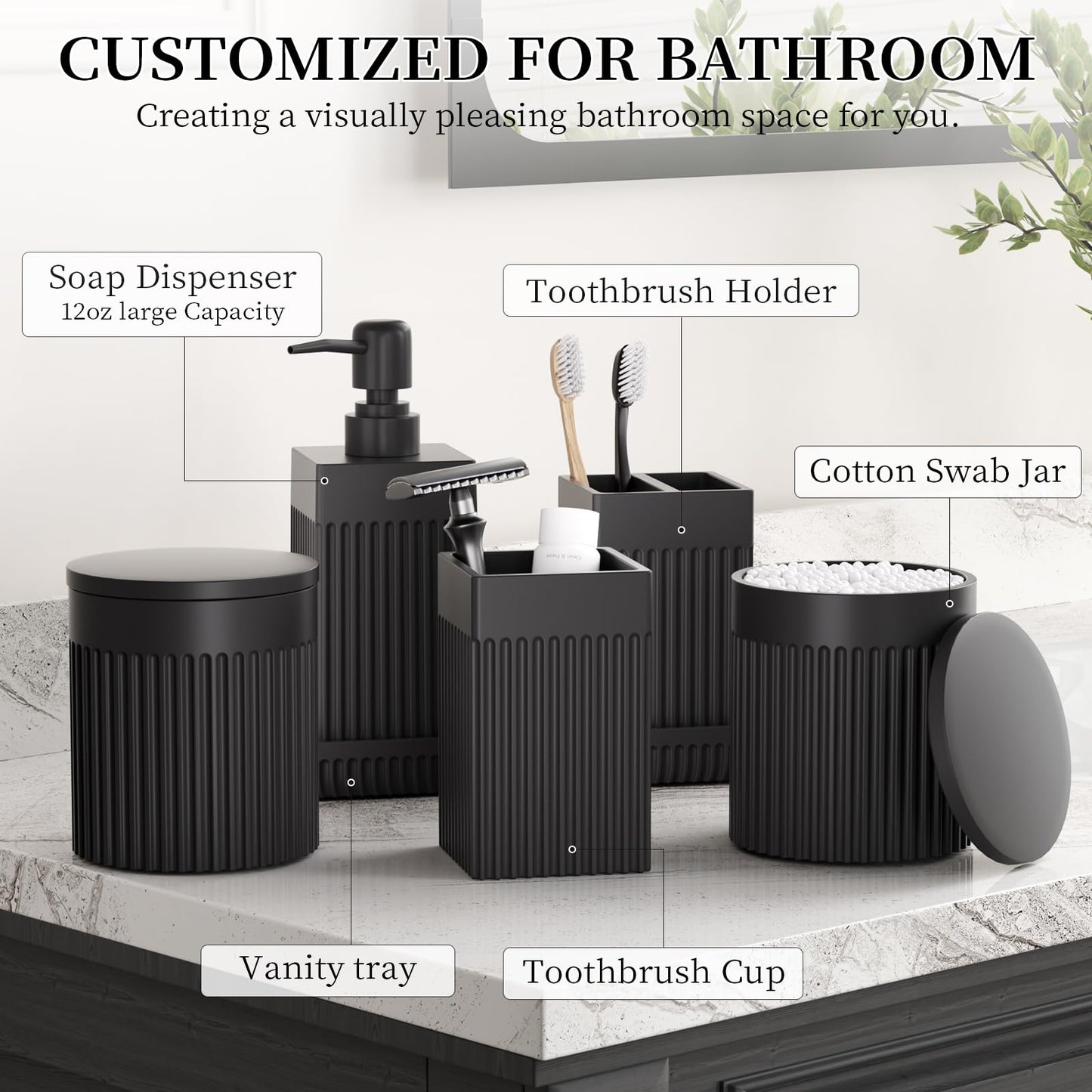 InnJoey 6-Piece Black Bathroom Set - Sleek Resin Organizer with Soap Dispenser, Toothbrush Holder, Vanity Tray, Tumbler & Apothecary Jars for Small Spaces