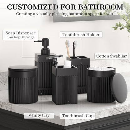 InnJoey 6-Piece Black Bathroom Set - Sleek Resin Organizer with Soap Dispenser, Toothbrush Holder, Vanity Tray, Tumbler & Apothecary Jars for Small Spaces