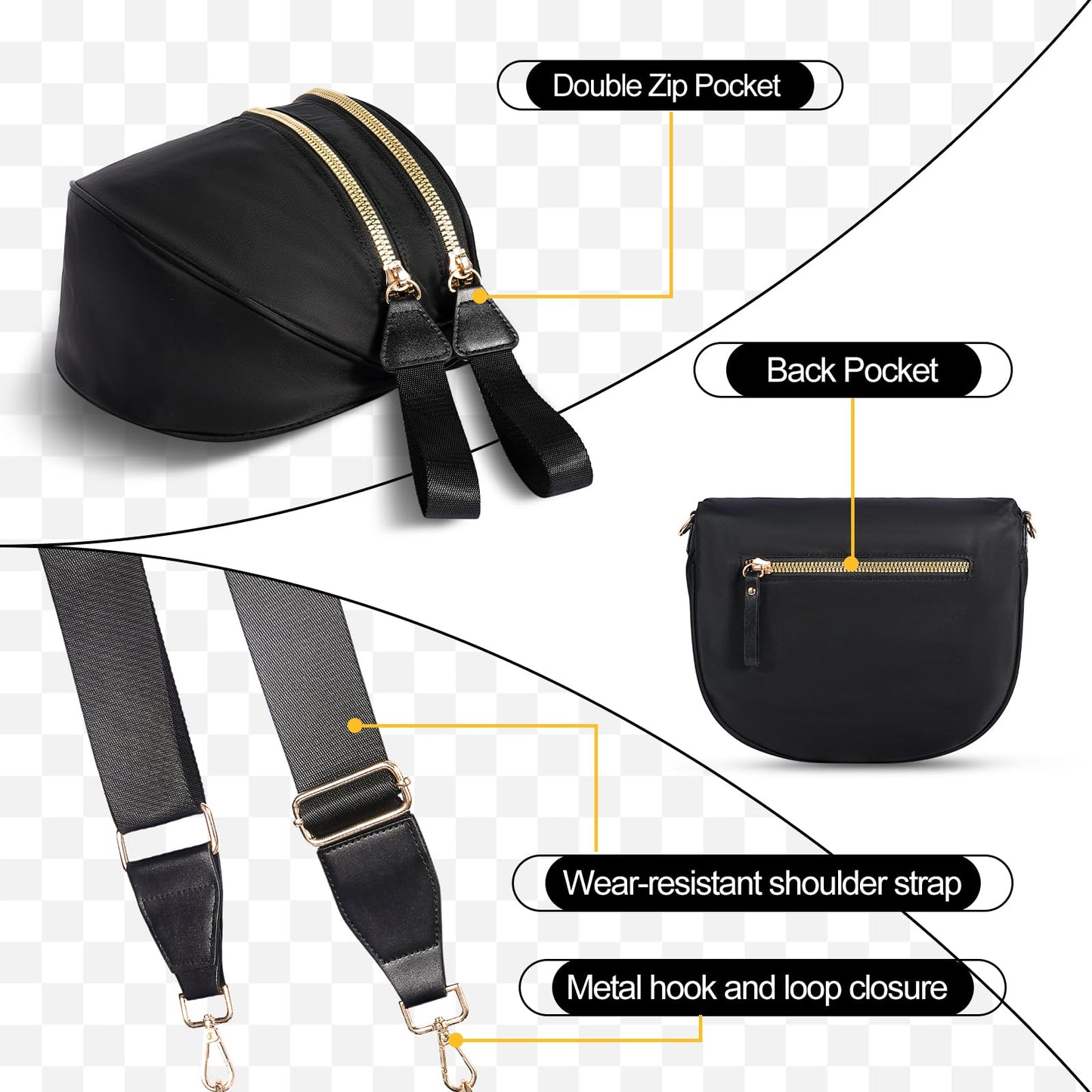 Checkered Crossbody Bag,Nylon Bum Bags for Women Crossbody,Spacious Sling Bag Purse Fanny Packs with Shoulder Strap