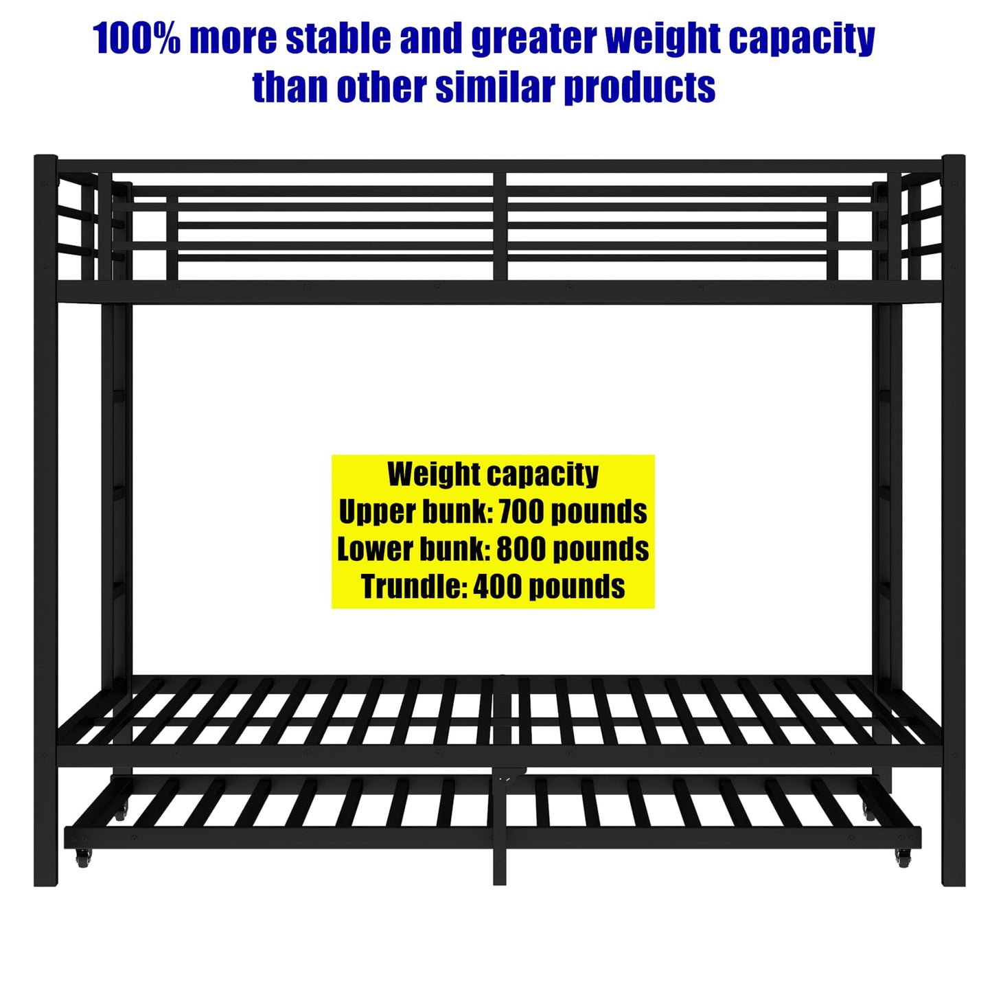 TIHWOALL Upgraded & Stronger Heavy Duty Metal Queen over Queen Bunk Bed with Twin Size Trundle, More Stable Safer Thickened Bunkbeds (Greater Weight Capacity) (Queen over Queen Bunk with Twin Trundle)