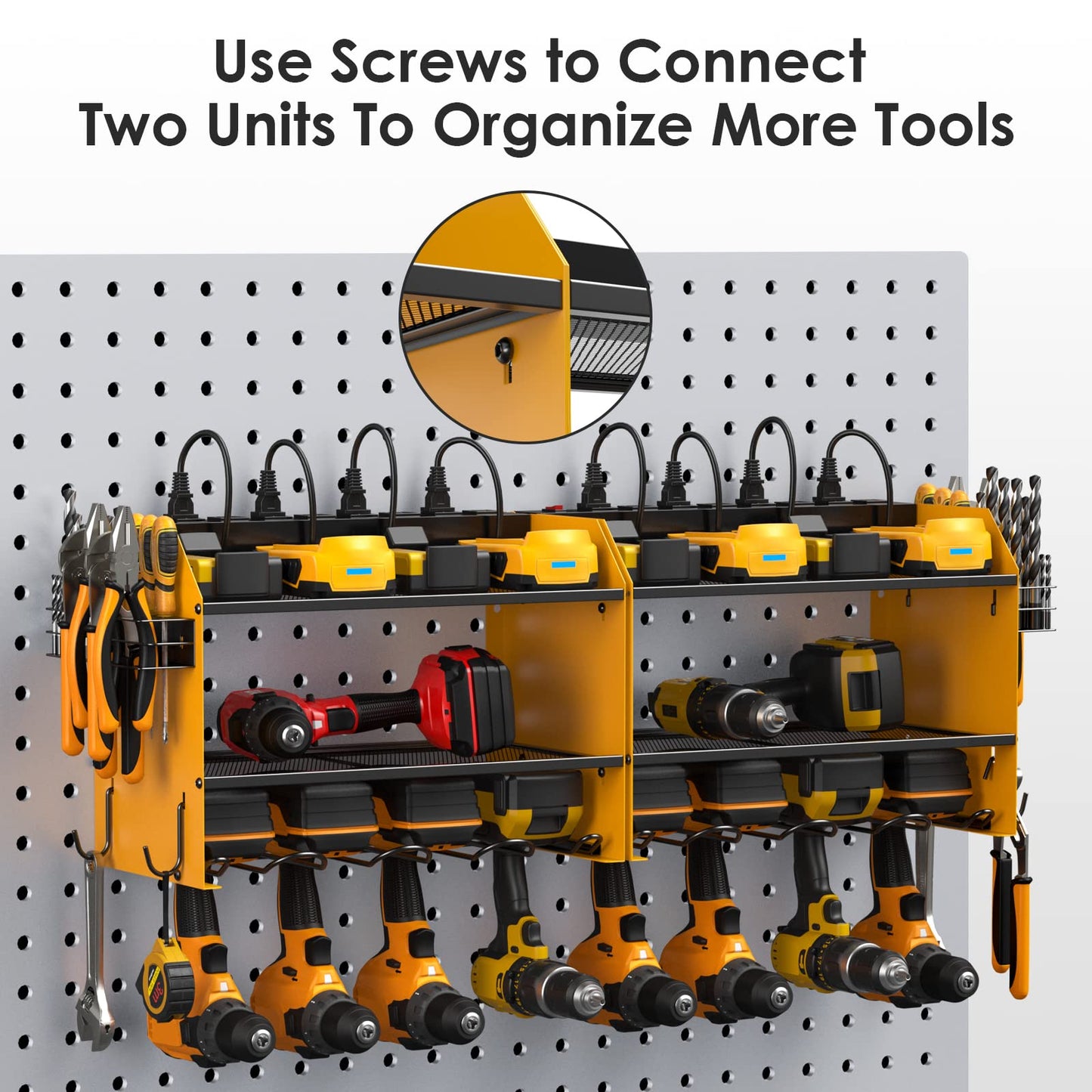 CCCEI Modular Power Tool Organizer Wall Mount with Charging Station. Garage 4 Drill Storage Shelf with Hooks, Screwdriver, Drill Bit Heavy Duty Rack, Tool Battery Holder Built in 8 Outlet Power Strip.