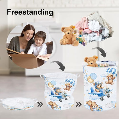 Clastyle 45L Large Blue Bear Pilot Kid Boy Girl Laundry Hamper with Handle Collapsible Balloon Clothes Toy Storage Basket with Lid for Nursery