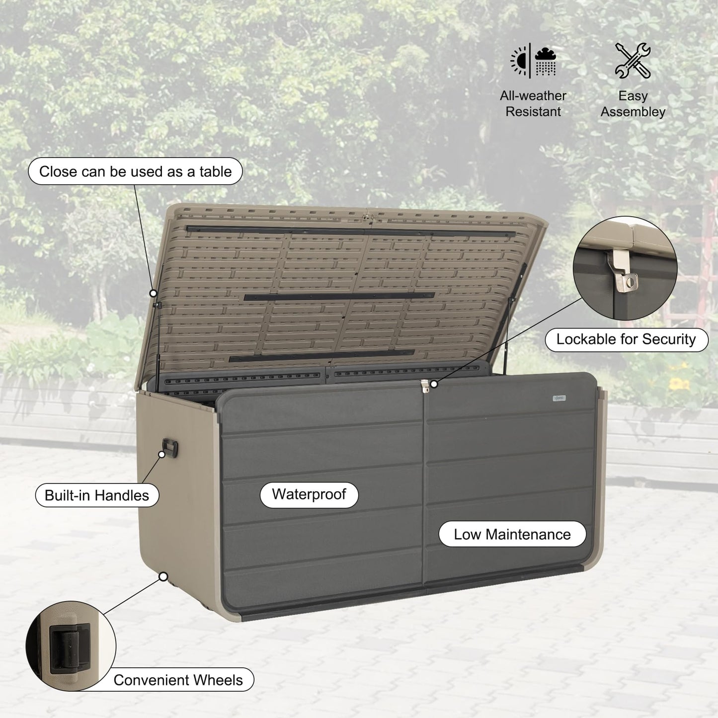 Domi 160 Gallon Resin Deck Box, Waterproof & UV-Resistant Outdoor Large Storage Box Lockable Storage Bin for Patio Cushions Pool Supplies Garden Tools and Delivery Storage