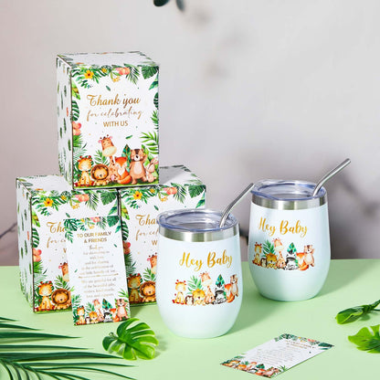 Hoolerry 6 Set Baby Shower Game Prizes for Guests Winners 12 oz Insulated Stainless Steel Tumbler Cup with Lids, Straws, Cleaning Brush, Cards & Boxes Return Gifts(Green,Safari Animals)