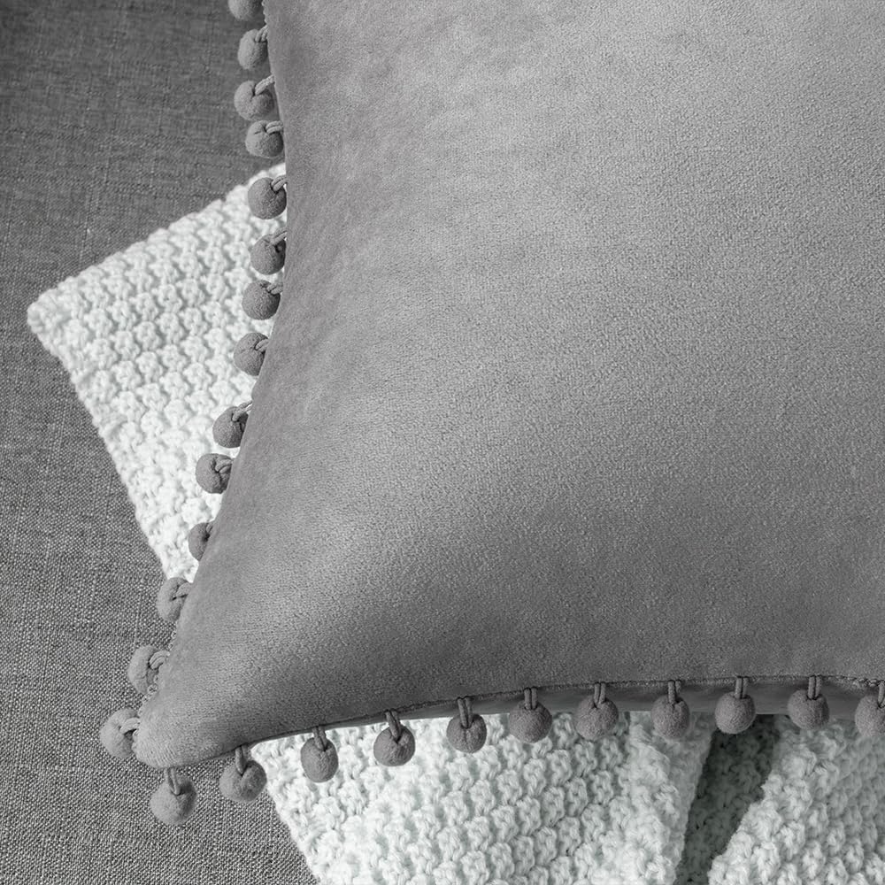 DEZENE Decorative Pillow Cases, 24x24 Light-Grey, 2 Pack Cozy Soft Pom-poms Velvet Square Throw Pillow Covers