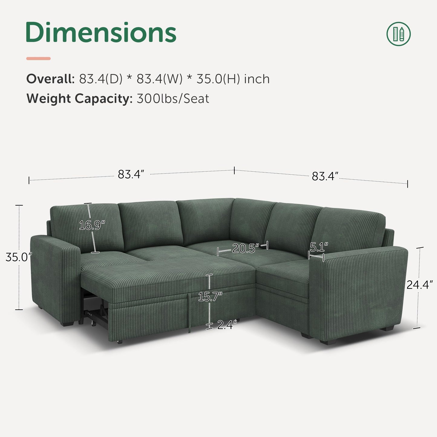 HONBAY Modular Sectional Sleeper Sofa with Pull Out Bed, Corduroy L Shaped Couch with Storage, Sectional Couches for Living Room, Green