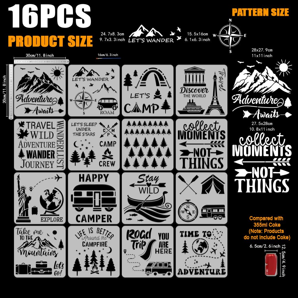FINGERINSPIRE 16PCS Travel Theme Stencils for Painting with Brush 11.8x11.8inch Mountains Trees Compass Temple Template Tent Campfire Airplane Suitcase Stencil Maple Leaf Moon Star Boat Fish Template