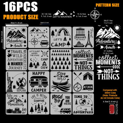 FINGERINSPIRE 16PCS Travel Theme Stencils for Painting with Brush 11.8x11.8inch Mountains Trees Compass Temple Template Tent Campfire Airplane Suitcase Stencil Maple Leaf Moon Star Boat Fish Template