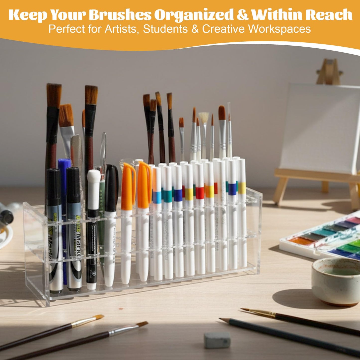 Novabright 2 Pack 105 Holes Acrylic Paint Brush Holder Organizer, Clear Pen Display Stand Rack Detachable Makeup Brush Holder for Pencils Artist Desk, Easy Assembly Art Supplies Storage