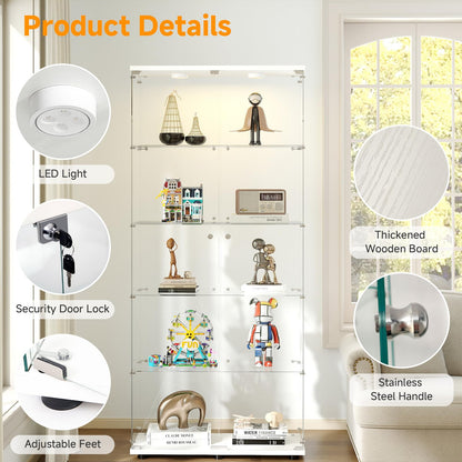 Zevemomo 5-Tier Tempered Glass Display Cabinet with Lights, Curio Cabinet with Glass Doors and Lock, Glass Display Case for Collectibles, for Living Room Bedroom Office, Double Door, White