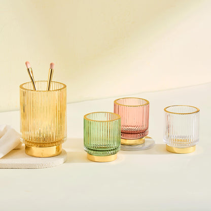 LEICURACE Makeup Brush Holder Organizer,Toothbrush Holders,Desk Pen Pencil Holder,Multifunctional Vintage Glass Brush Cup（L/Gold/A3-7-US）