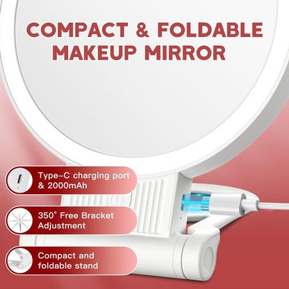 1X/30X Magnifying Mirror with Light and Adjustable Brightness, Makeup Mirror with 360° Rotation Adjustable Folding Handle, Portable Rechargeable Double Sided Mirrors, Foldable Vanity Mirror (white)