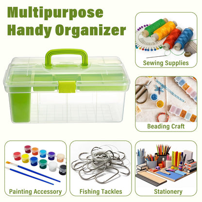 BTSKY 15 Inch Large Capacity Portable Clear Sewing Storage Box - with Removable Compartment Tray, Multi-Layer Sorting Organizer for Thread/Buttons/Tools/Craft DIY, Green