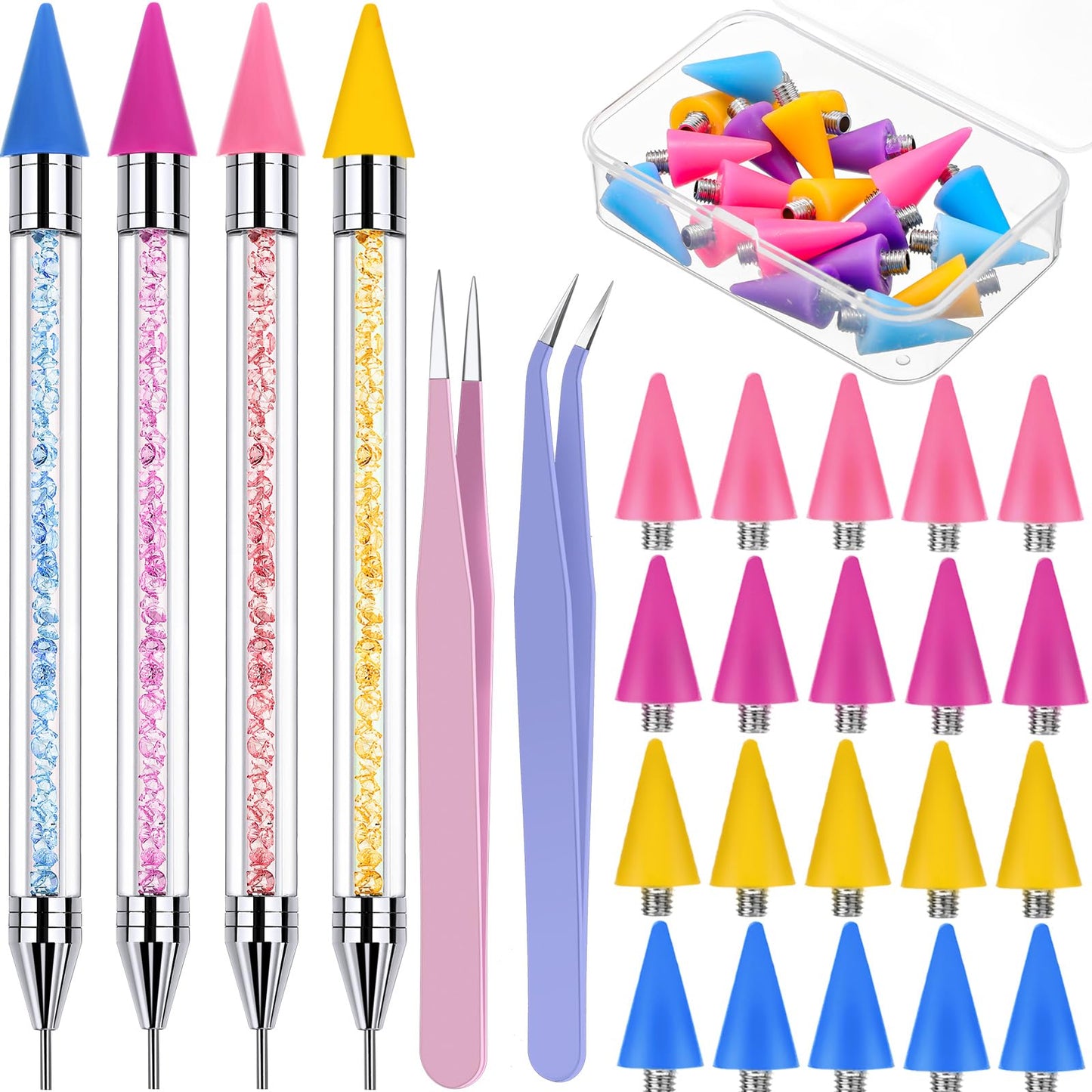Tatuo 4 Set/26 Pcs Rhinestone Picker Tool Dotting Pen Dual-ended Nail Art Rhinestones Applicator Gems Crystals Beads Picker Wax Pencil with 20 Wax Head 2 Tweezers DIY Nail Art Tool(Pastel)