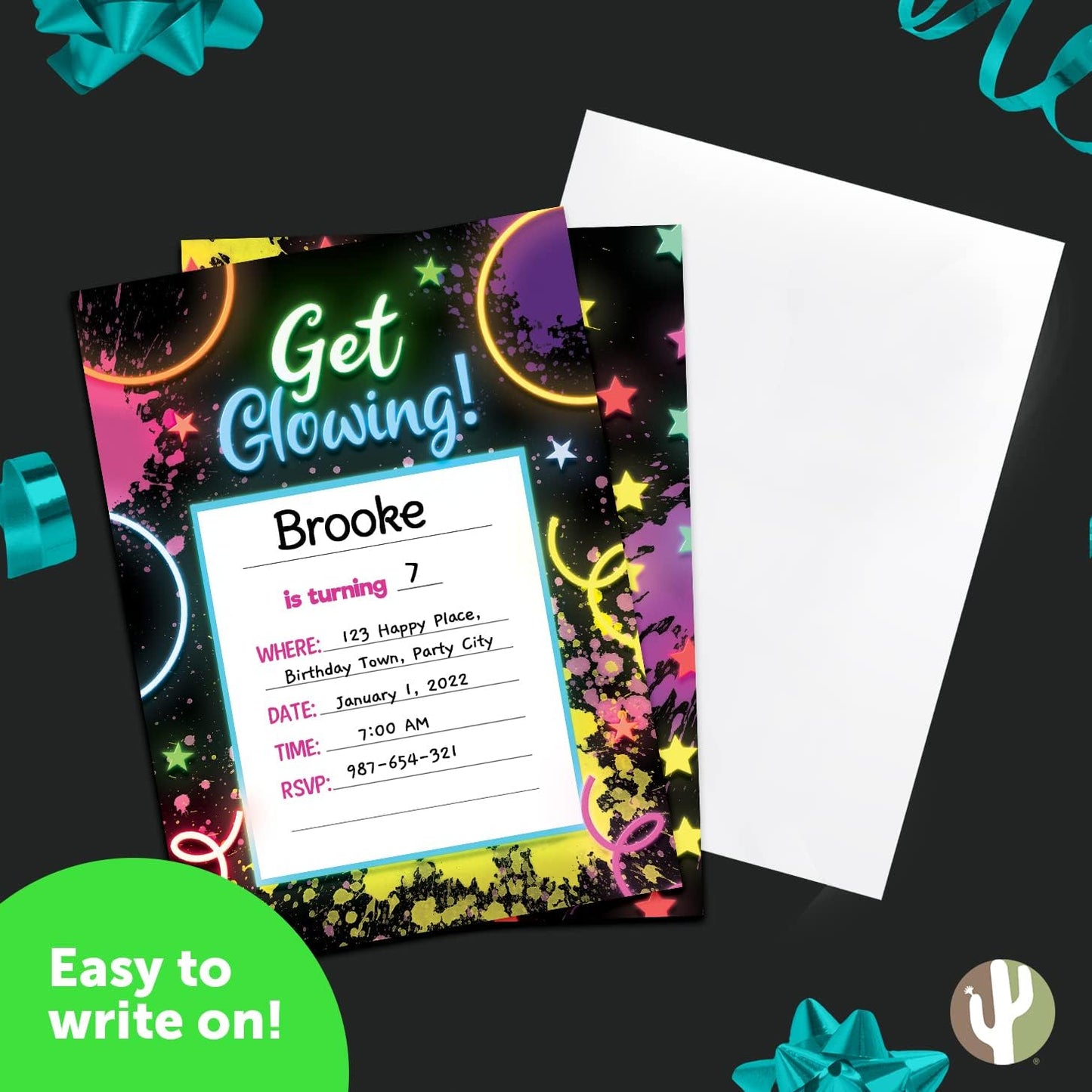 Desert Cactus Neon Happy Birthday Invitations - Invite Cards (10 Count) with Envelopes for Kids Party