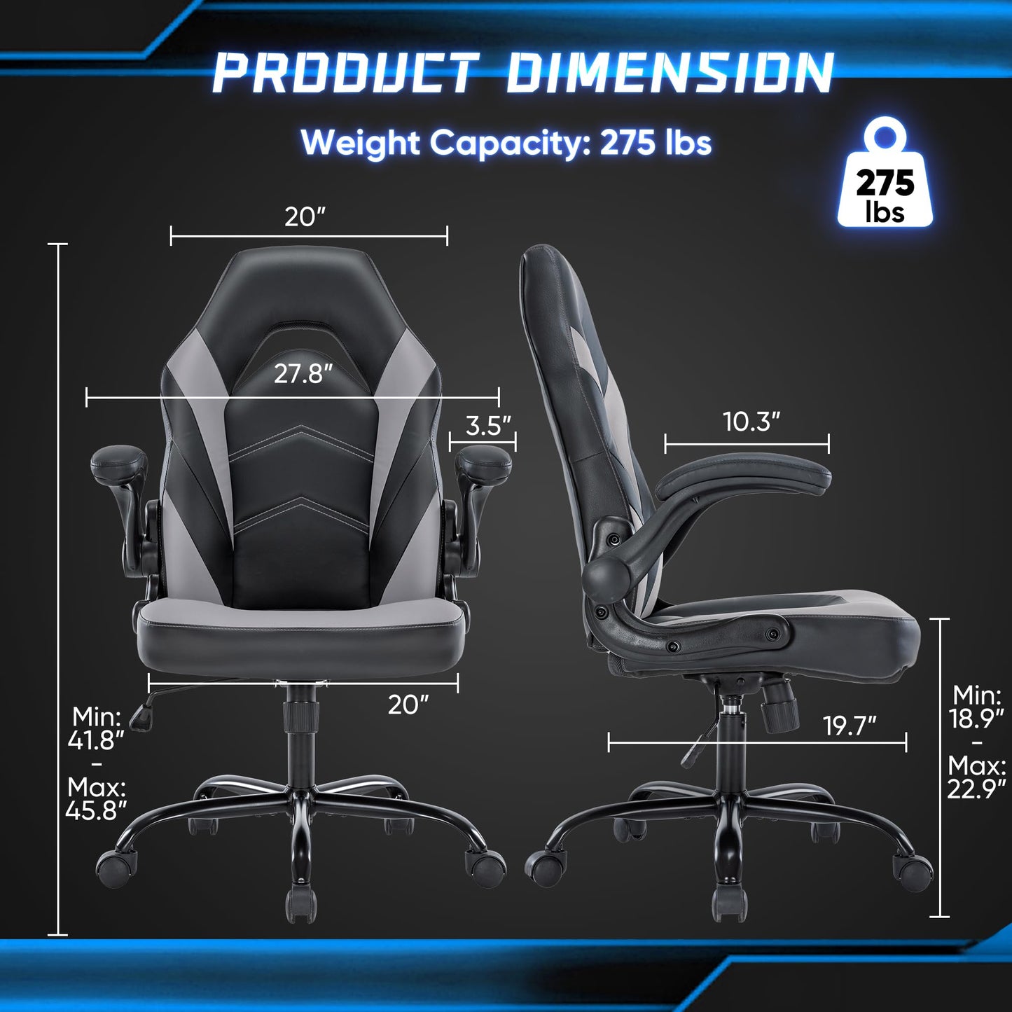 OLIXIS Big and Tall Office Desk Leather Gaming Computer Chair with Adjustable Swivel Task and Flip-up Arms for Adults, Teens, Grey