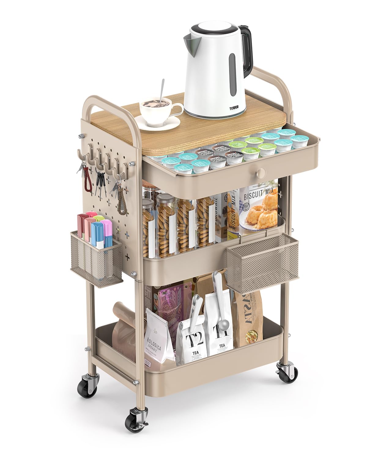 ALVOROG Rolling Cart with Drawer and Wood Table Top, 3 Tier Metal Rolling Utility Cart on Wheels with DIY Pegboards, Hanging Baskets, Hooks for Kitchen, Bedroom, Office, Craft Supplies