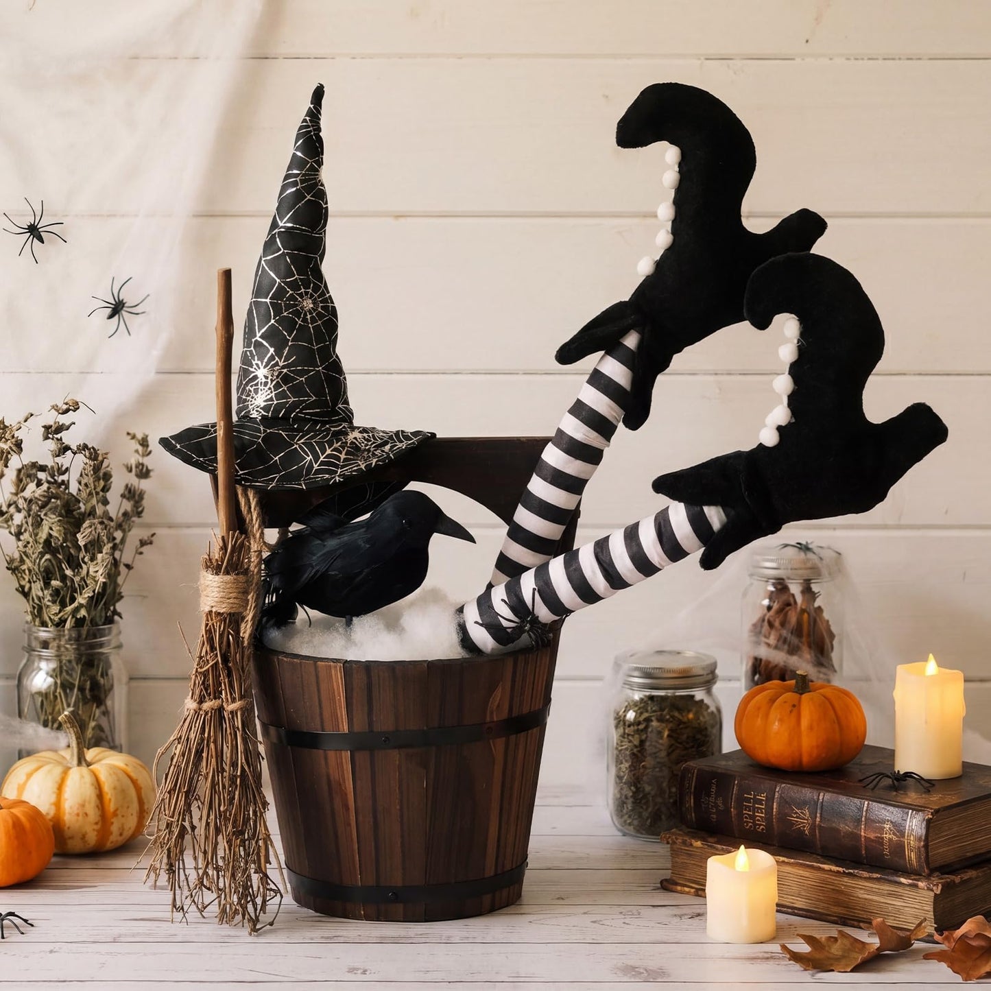 Cinnvoice Halloween Decorations Indoor Witch Legs Hat Broomstick Black Ravens Wooden Table Decor, Gothic Mantel Fireplace Centerpiece for Home Kitchen Office Bar Bedroom Holiday Indoor Party Supplies