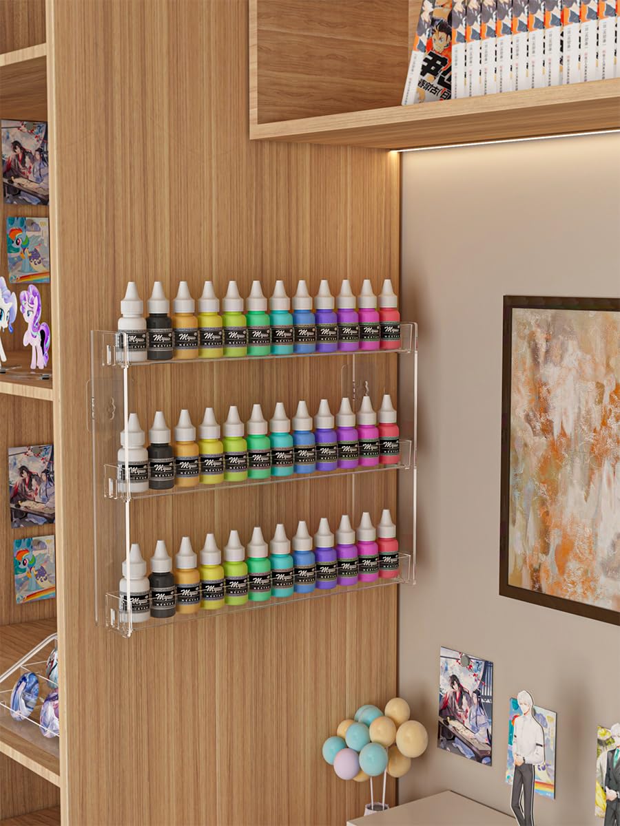 Cocheetah 2Pack 3 Tier Display Rack, Clear Paint Rack Wall-Mount (No Drill), Acrylic Craft Paint Storage Organizer, Miniature Holder for 2oz Bottle, Nail Polish Organizer, Badges, Mini Figures (2)