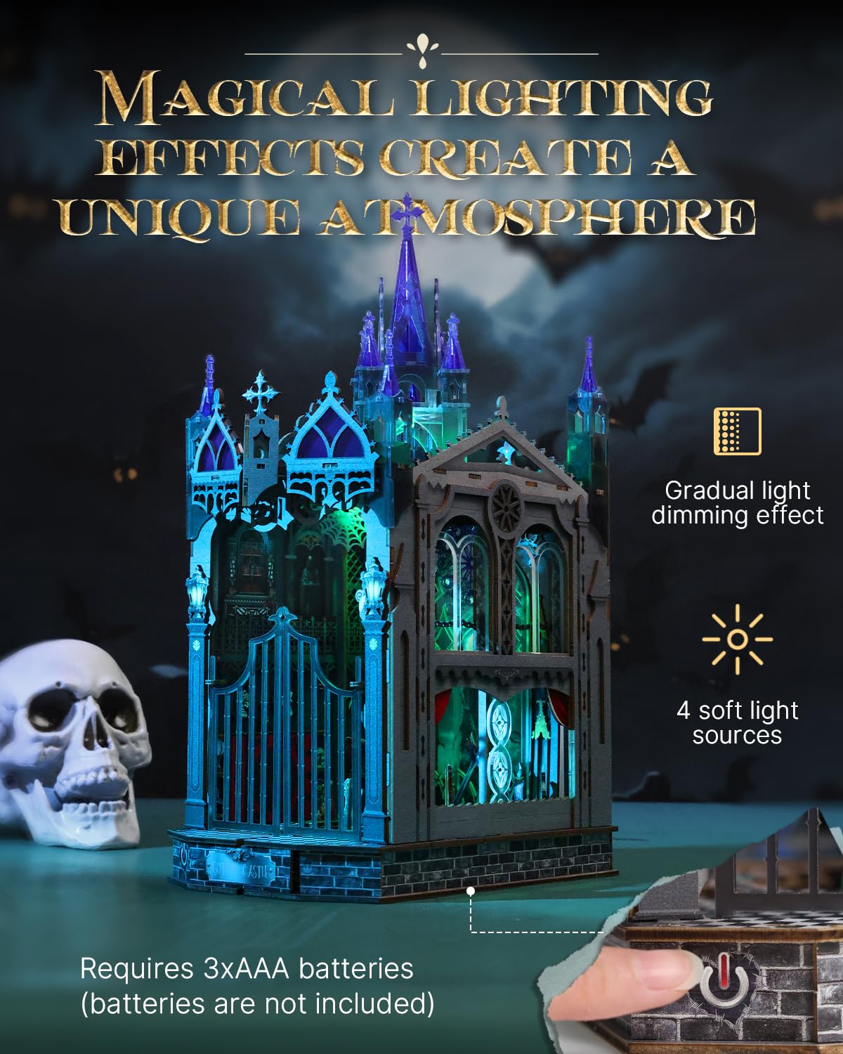 Book Nook Kit for Adults,3D Wooden Puzzle DIY Miniature Booknook Bookend Bookshelf Decor with LED Light,Gothic Castle Bookshelf Insert for Home Decor Gift,3D Wooden Puzzle.