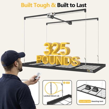 FERO Motorized Overhead Garage Storage Rack with Remote Control, Heavy-Duty Ceiling Mounted Organizer, 4x8 FT Ceiling Storage Lift System, Space-Saving Hanging Garage Shelves, 325 LBS Capacity