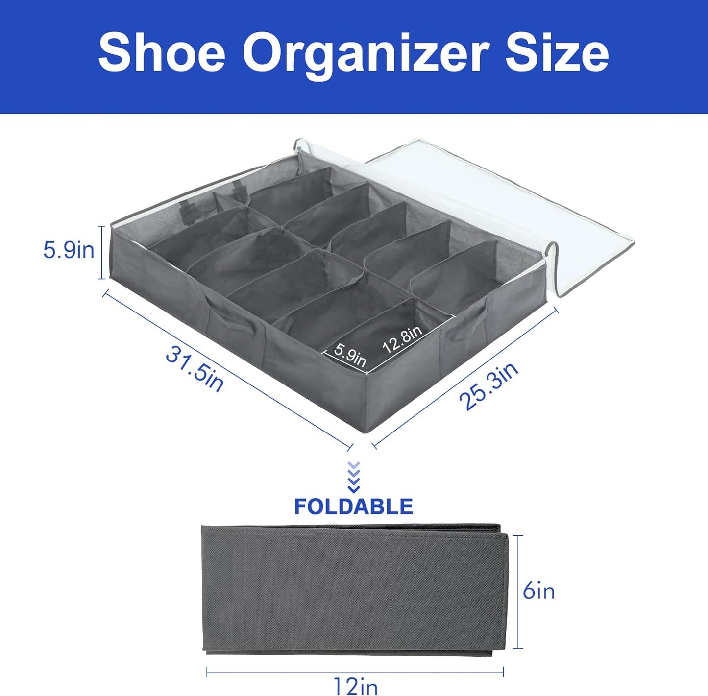 Surblue Under Bed Shoe Storage Organizer, Underbed Shoes Closet Storage Solution, Fits 12 Pairs