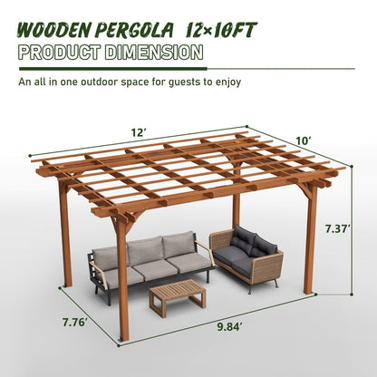 FRITHJILL 12x10FT Wooden Pergola with Slatted Roof Trellis, Fir Wood Outdoor Pergola for Climbing Plants & Vines, Waterproof Garden Arbor for Patio, Backyard, Deck