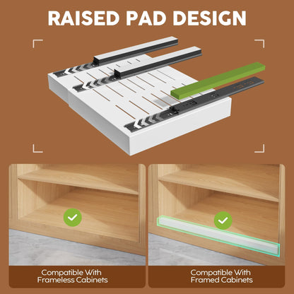 Seinloes 2Pack Expandable Pull Out Cabinet Organizer 21"Deep With Raising Pad for Framed Cabinets, Upgrade 3 Slide Rails Slide Out Drawers, Roll Out Shelves Adhesive,Adjustable Width 12.05"-20.4"White