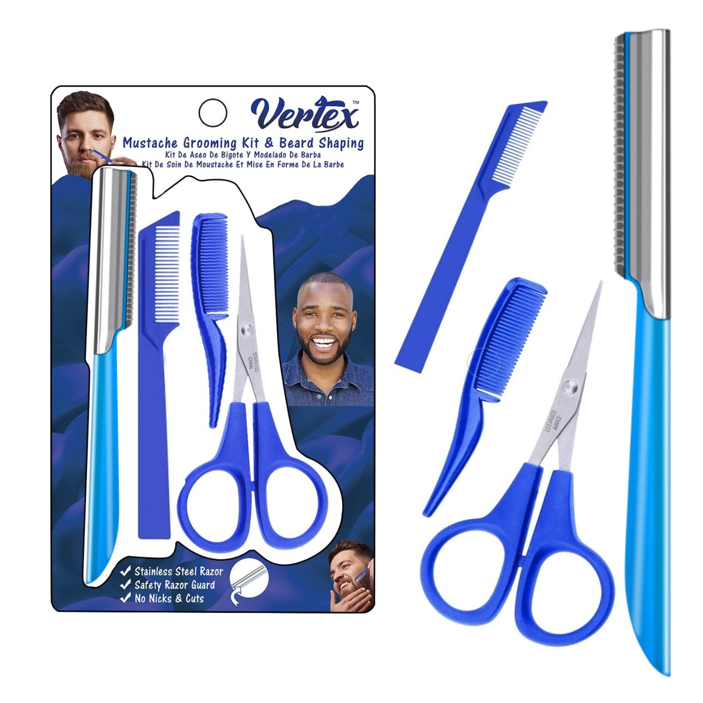 Mustache Scissors Grooming Kit Comb - Movember Travel Razor Mens Beard Trimmer Straight Edge Stainless Steel Shaping Tool For Men After Black Color Dye Goatee Shaper Clippers Balm Combs Wash Brush